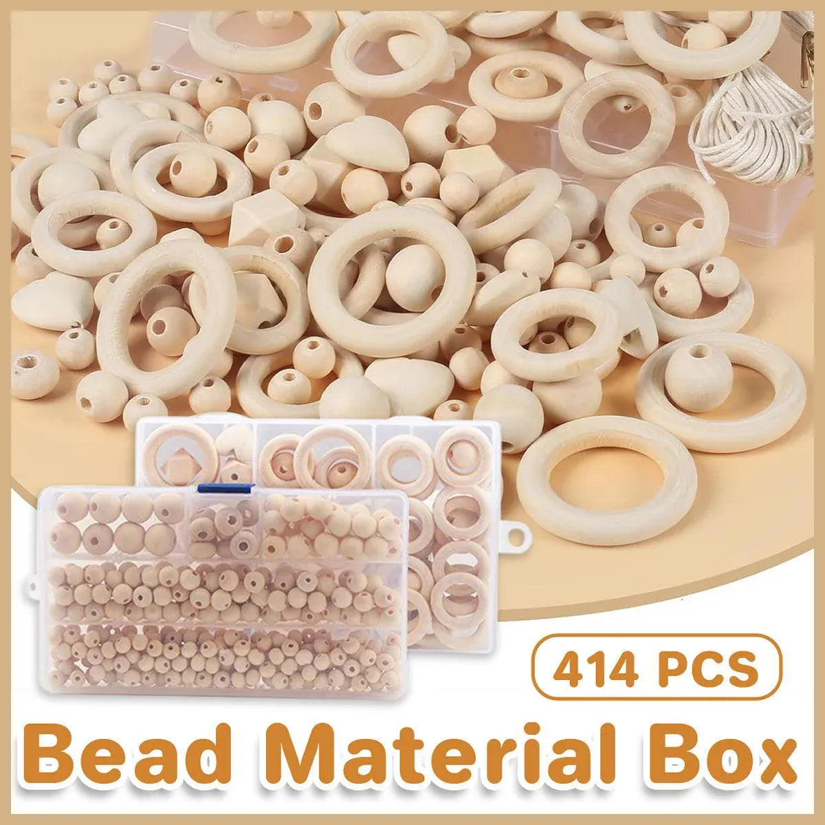 414 Piece DIY Beading Kit Round Wooden Beads Set Craft Jewelry Supplies Home Decor