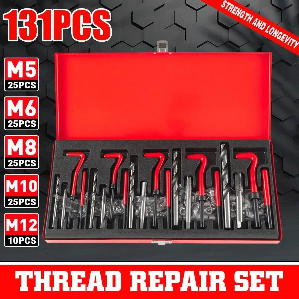 131 Piece Thread Repair Kit M5 M6 M8 M10 M12 Helicoil Set with Drill and Tap Tools
