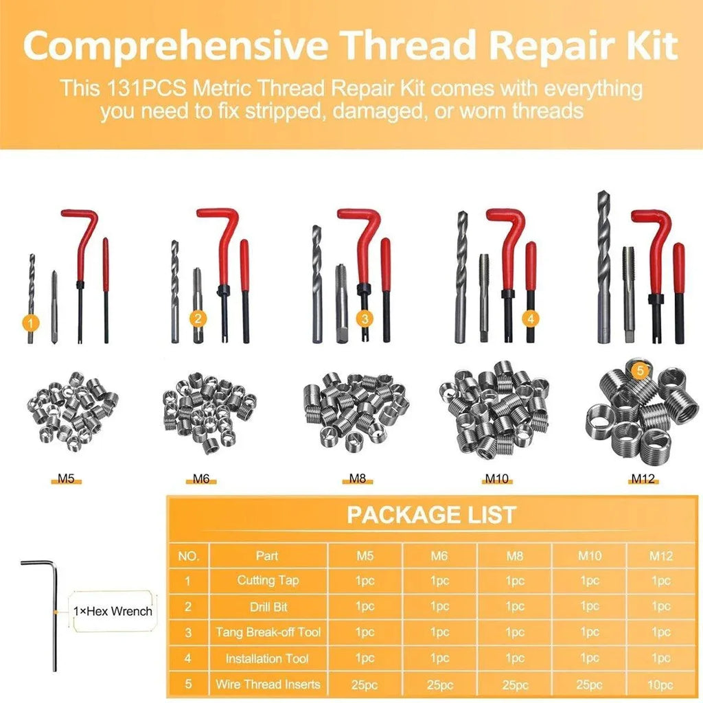 131 Piece Thread Repair Kit M5 M6 M8 M10 M12 Helicoil Set with Drill and Tap Tools
