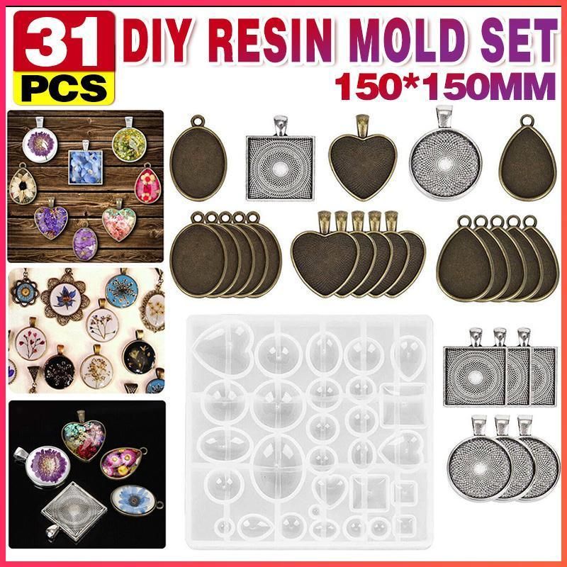 31 Piece DIY Resin Casting Mould and Pendant Tray Kit for Jewellery Making