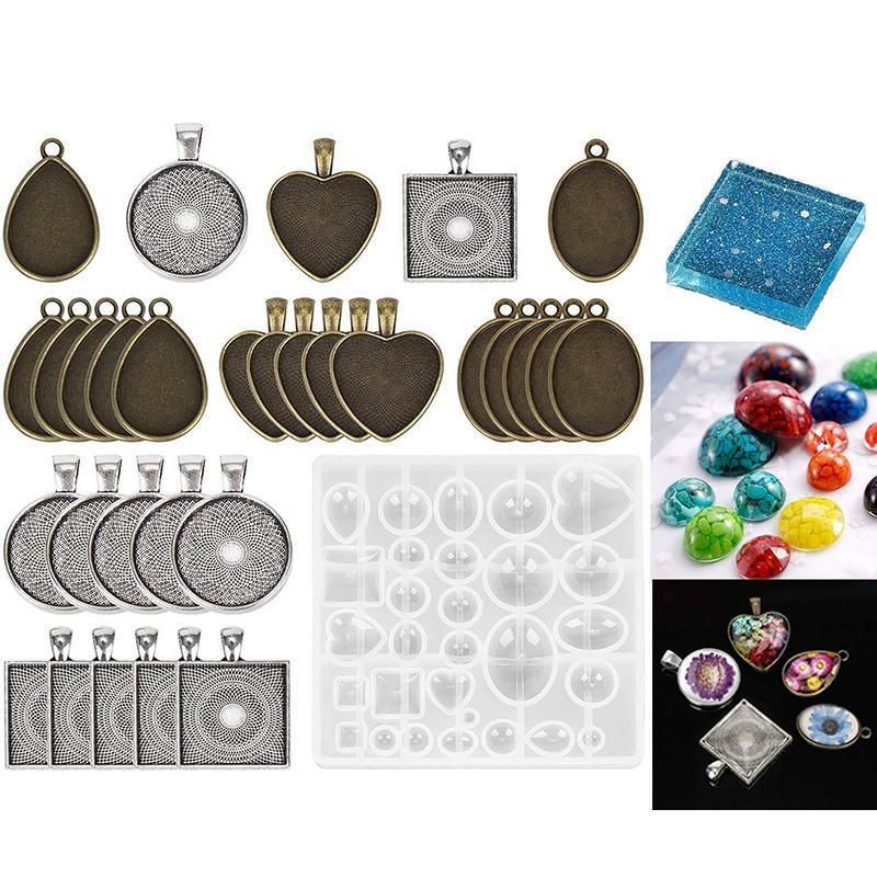 31 Piece DIY Resin Casting Mould and Pendant Tray Kit for Jewellery Making