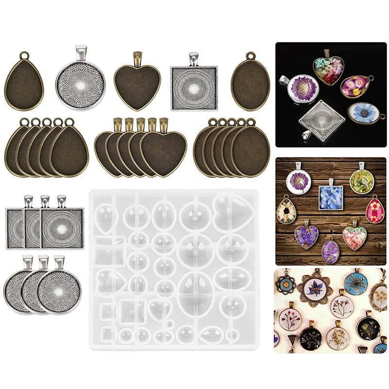 31 Piece DIY Resin Casting Mould and Pendant Tray Kit for Jewellery Making