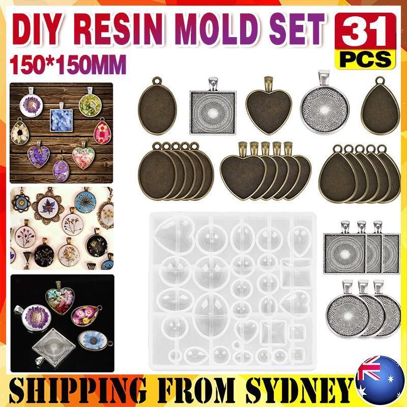31 Piece DIY Resin Casting Mould and Pendant Tray Kit for Jewellery Making