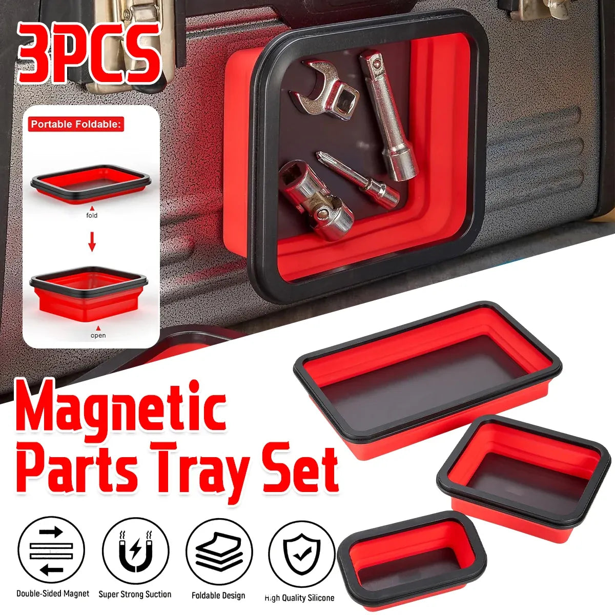 3 Piece Foldable Metal Parts Tray Set Silicone Tool Organizer for Garage Repair