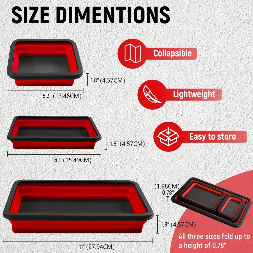 3 Piece Foldable Metal Parts Tray Set Silicone Tool Organizer for Garage Repair