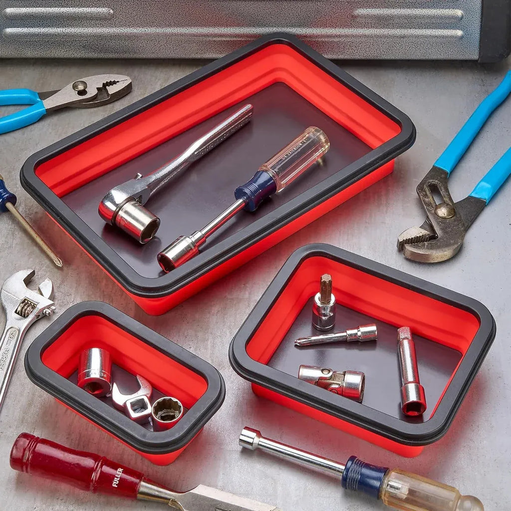 3 Piece Foldable Metal Parts Tray Set Silicone Tool Organizer for Garage Repair
