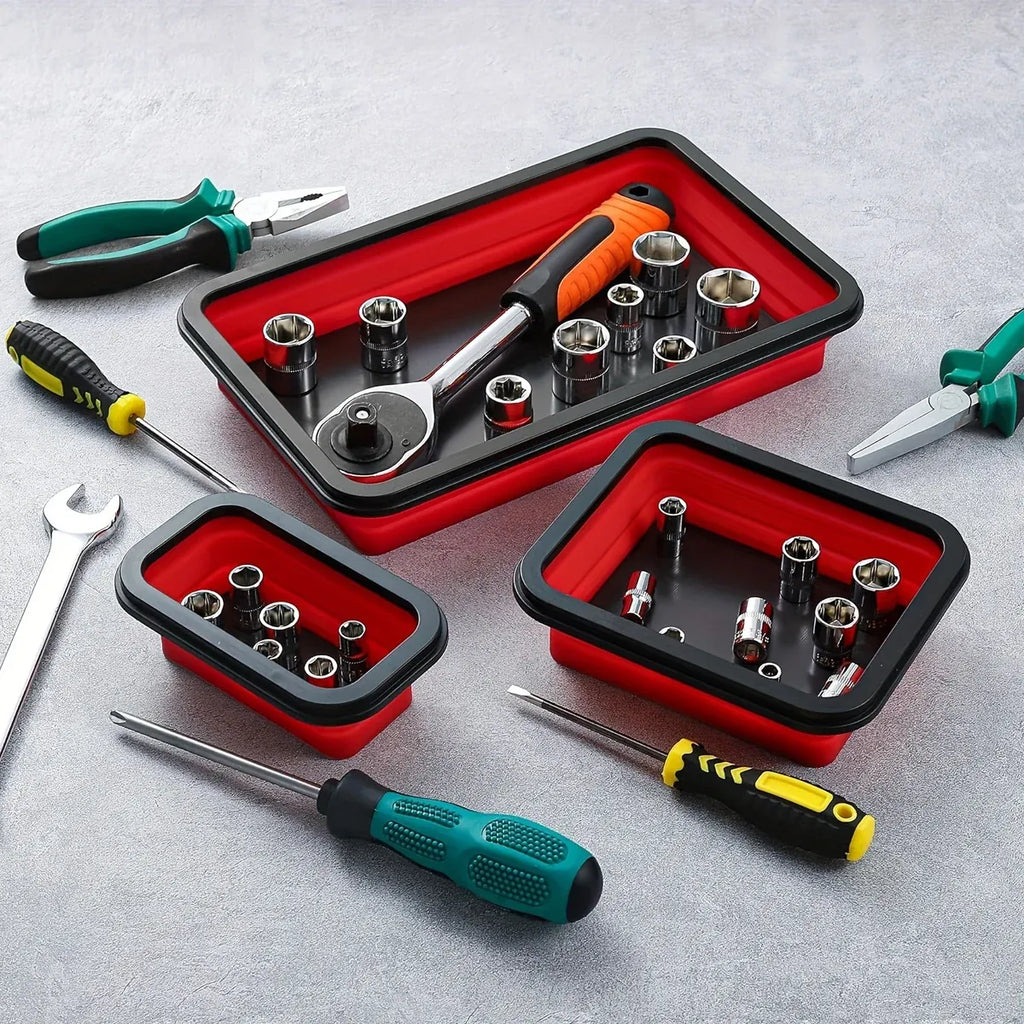 3 Piece Foldable Metal Parts Tray Set Silicone Tool Organizer for Garage Repair