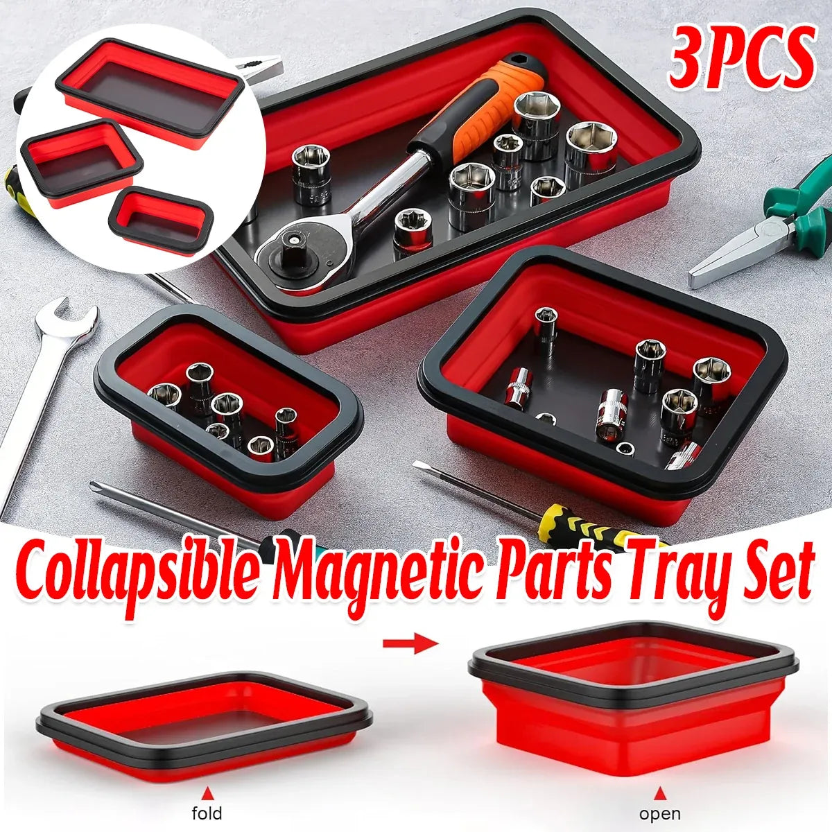 3 Piece Foldable Metal Parts Tray Set Silicone Tool Organizer for Garage Repair