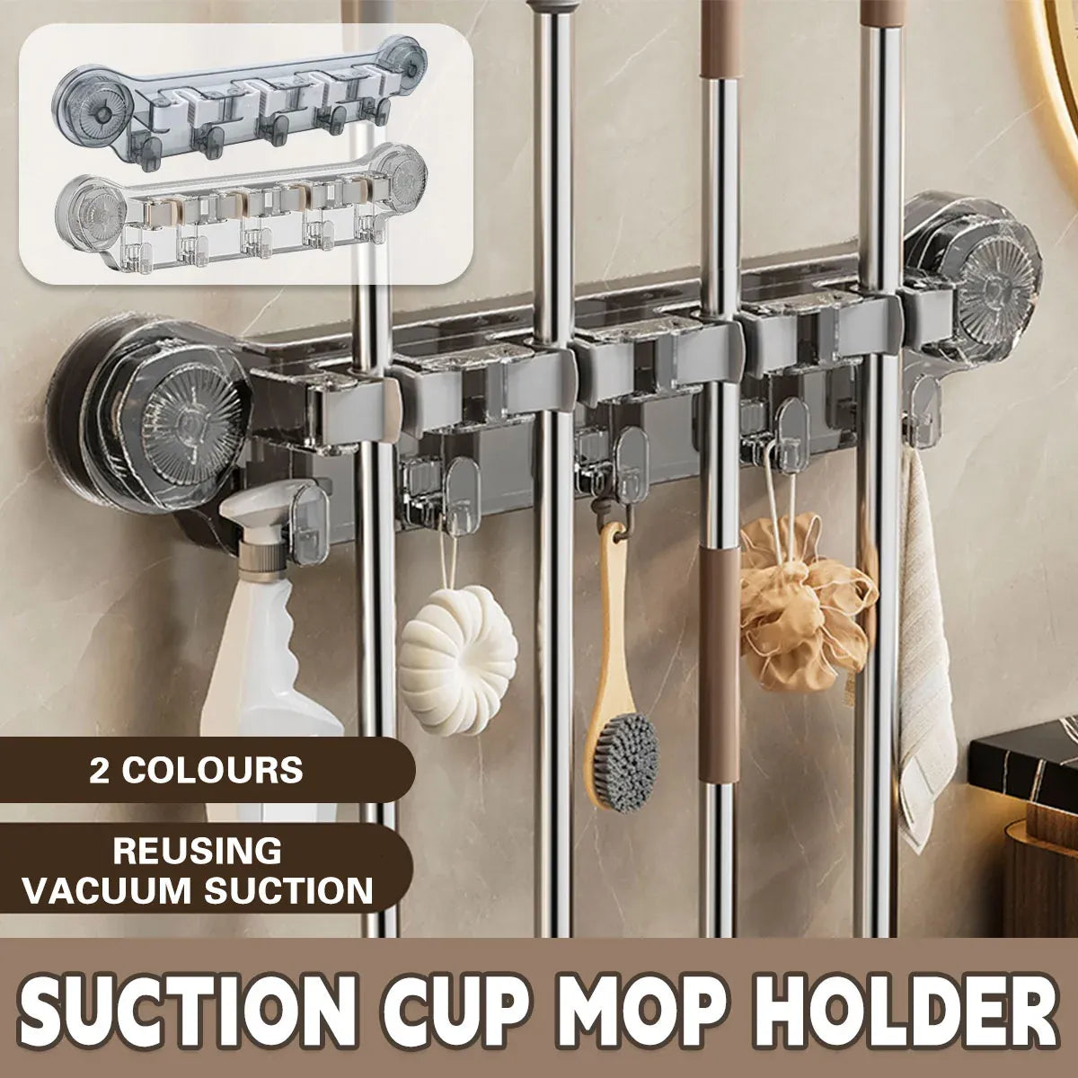 Wall-mounted Mop Fixing Rack Universal Model Strong Suction Cup Bathroom Rack – Grey