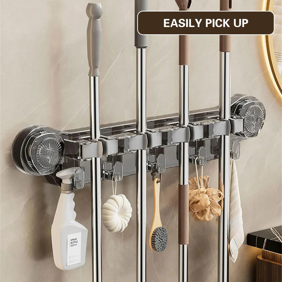 Wall-mounted Mop Fixing Rack Universal Model Strong Suction Cup Bathroom Rack – Grey