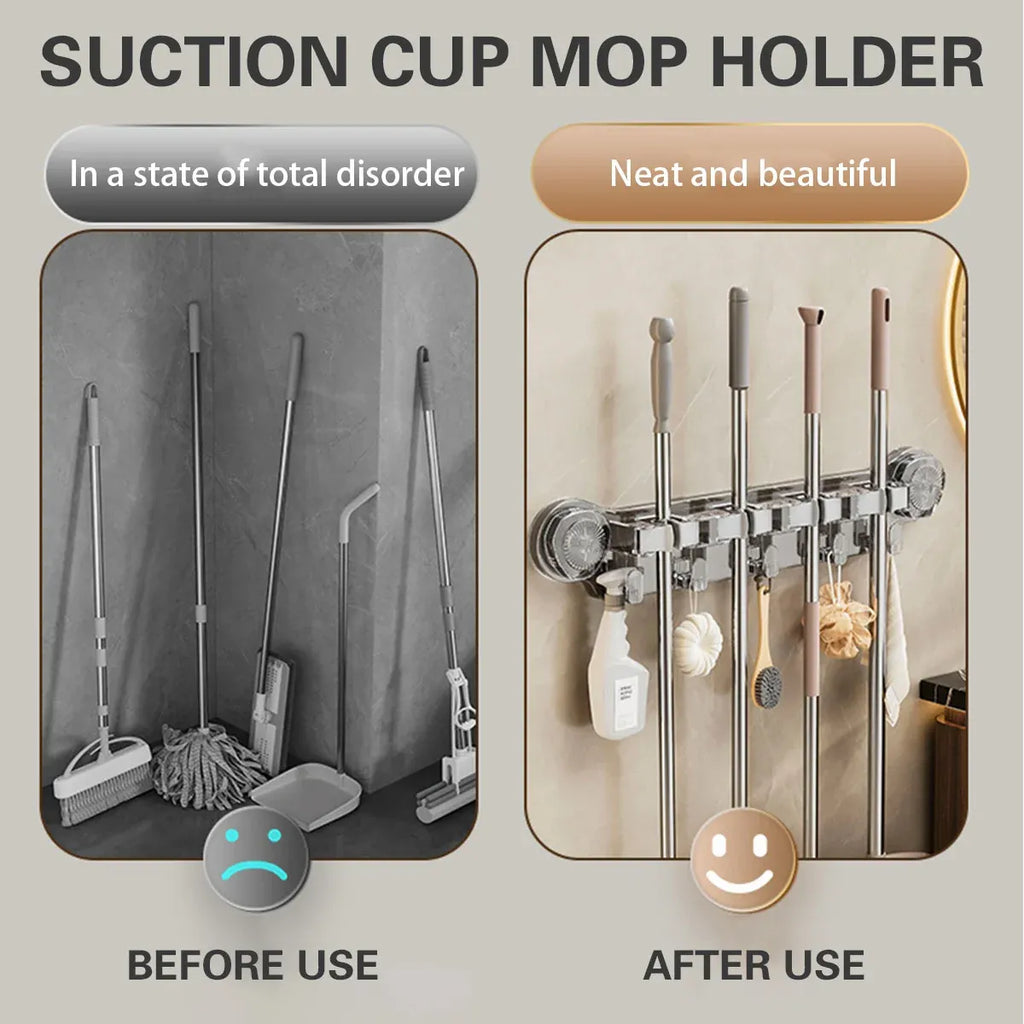 Wall-mounted Mop Fixing Rack Universal Model Strong Suction Cup Bathroom Rack – Grey