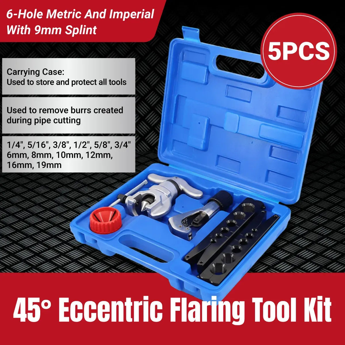 5 Piece Eccentric Flaring Tool Kit 45-Degree Flare for Refrigeration Plumbing Repair