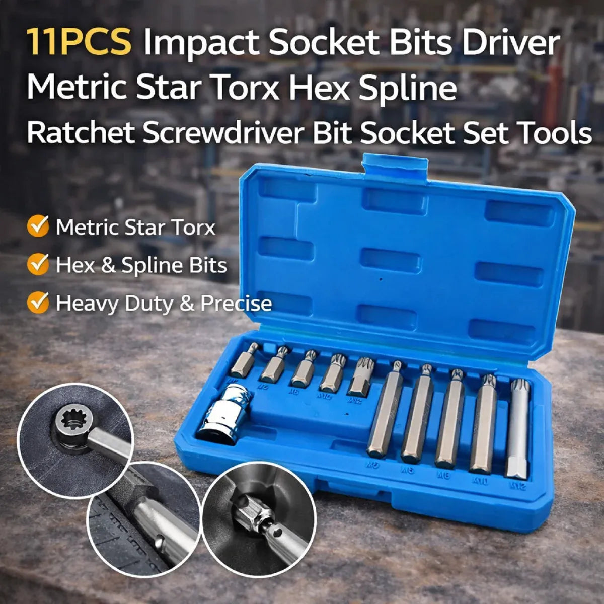 11 Piece CR-V M-Type Spline Socket Bit Set Driver Drill Bit Tool Kit Car Repair