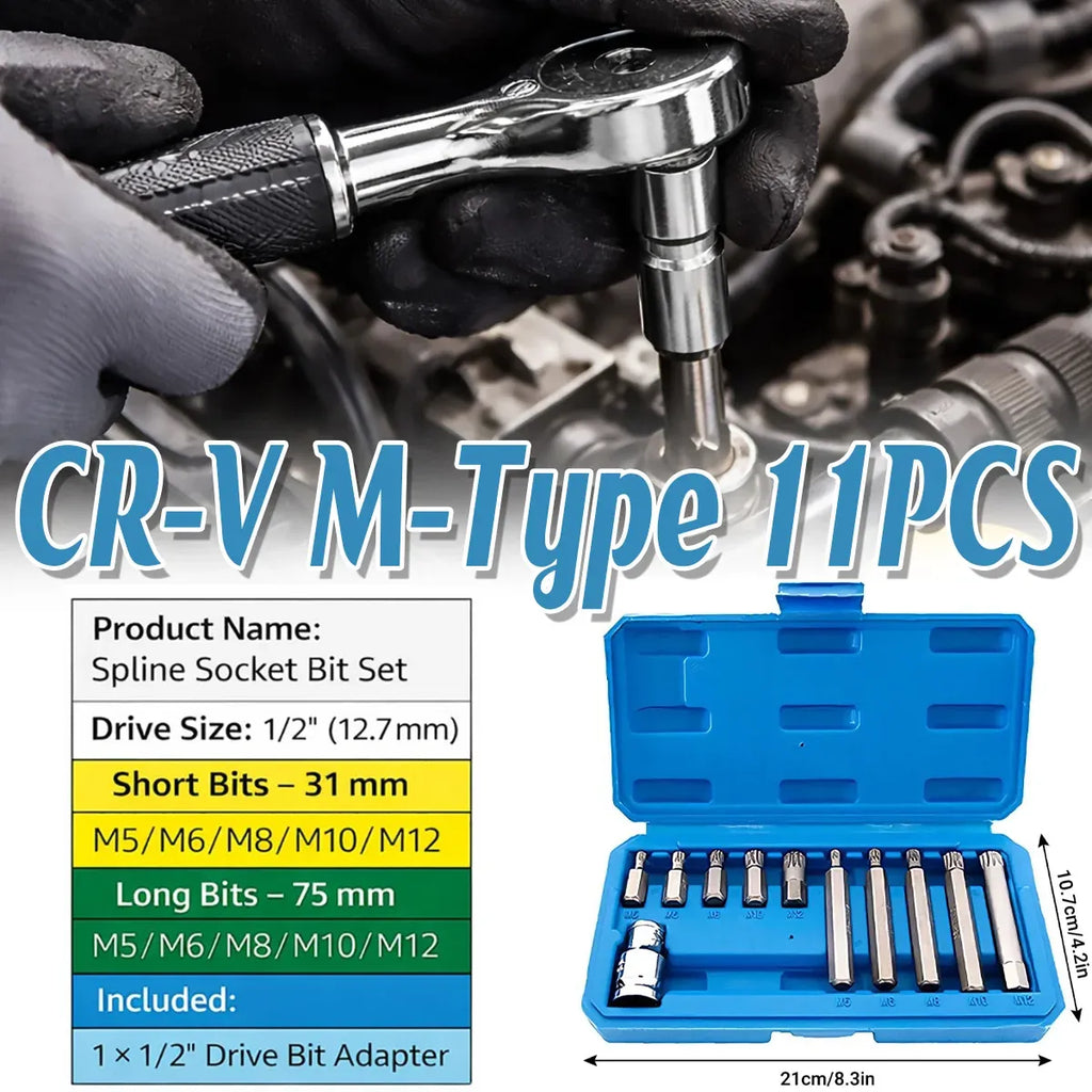 11 Piece CR-V M-Type Spline Socket Bit Set Driver Drill Bit Tool Kit Car Repair