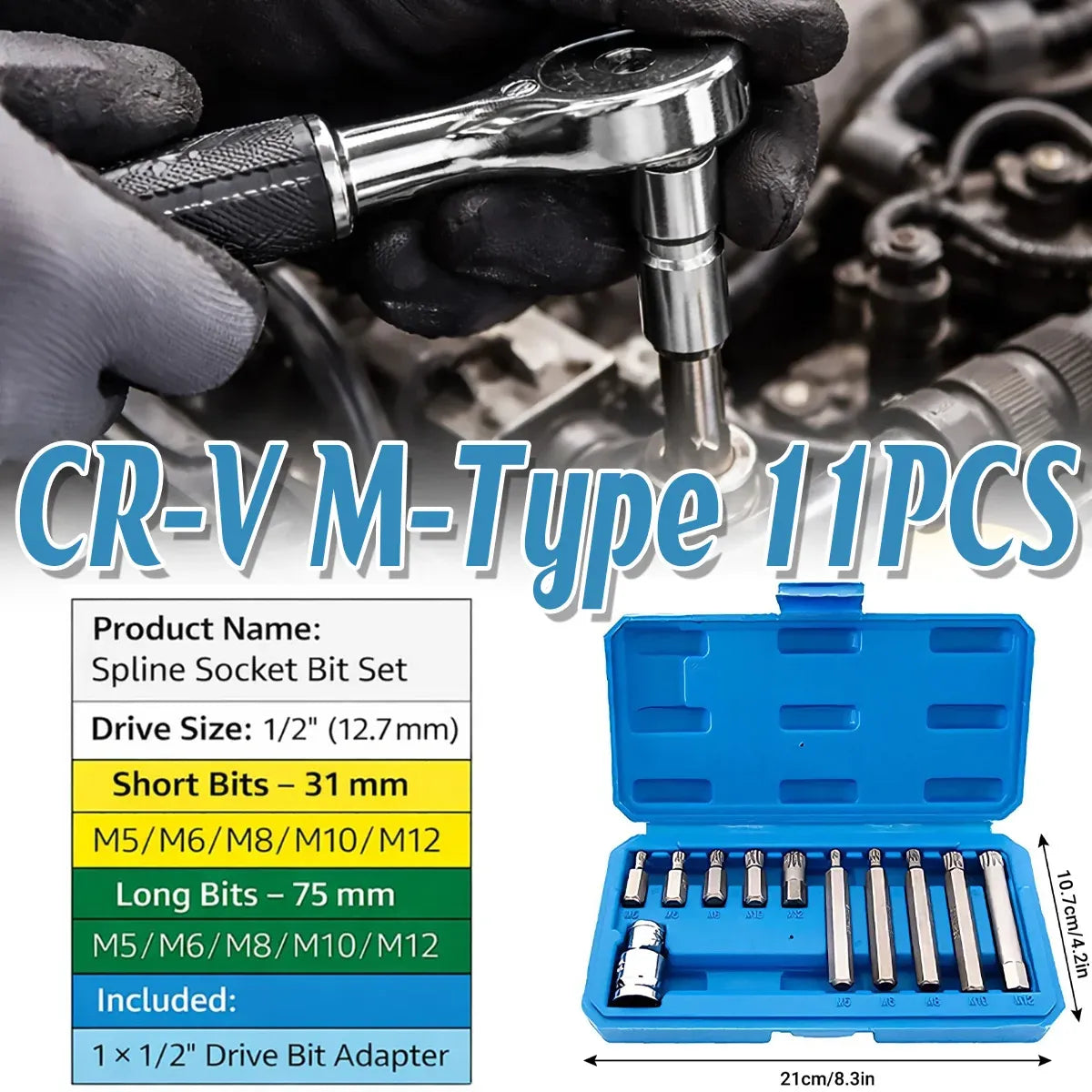 11 Piece CR-V M-Type Spline Socket Bit Set Driver Drill Bit Tool Kit Car Repair