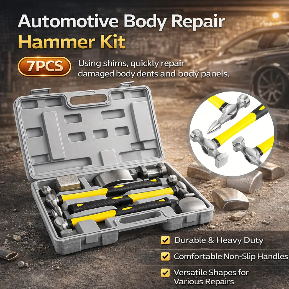 7 Piece Automotive Body Repair Hammer Kit Handle Chisel Mallet Dent Remove Tool