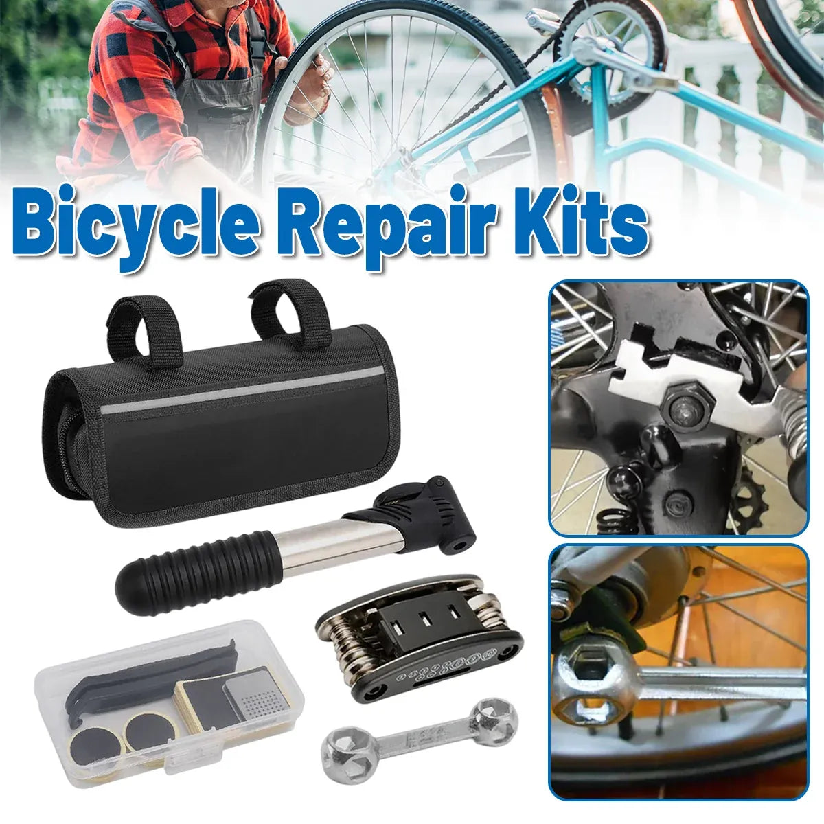 Bicycle Repair Kit with Tyre Levers Patch Kit Pump Multi Tool for Mountain Bike