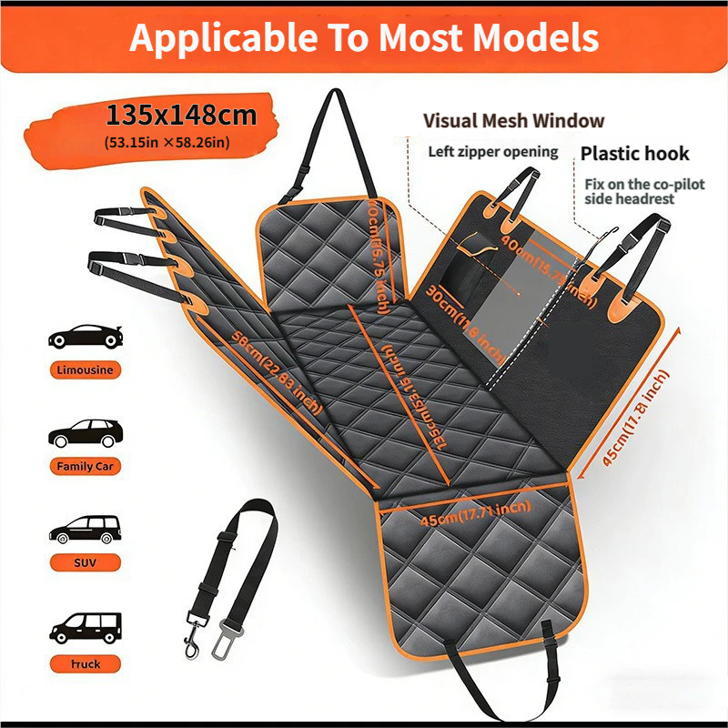 Waterproof Dog Car Rear Seat Protector 135 x 148CM – Durable Oxford Non Slip Pet Hammock with Storage Pockets