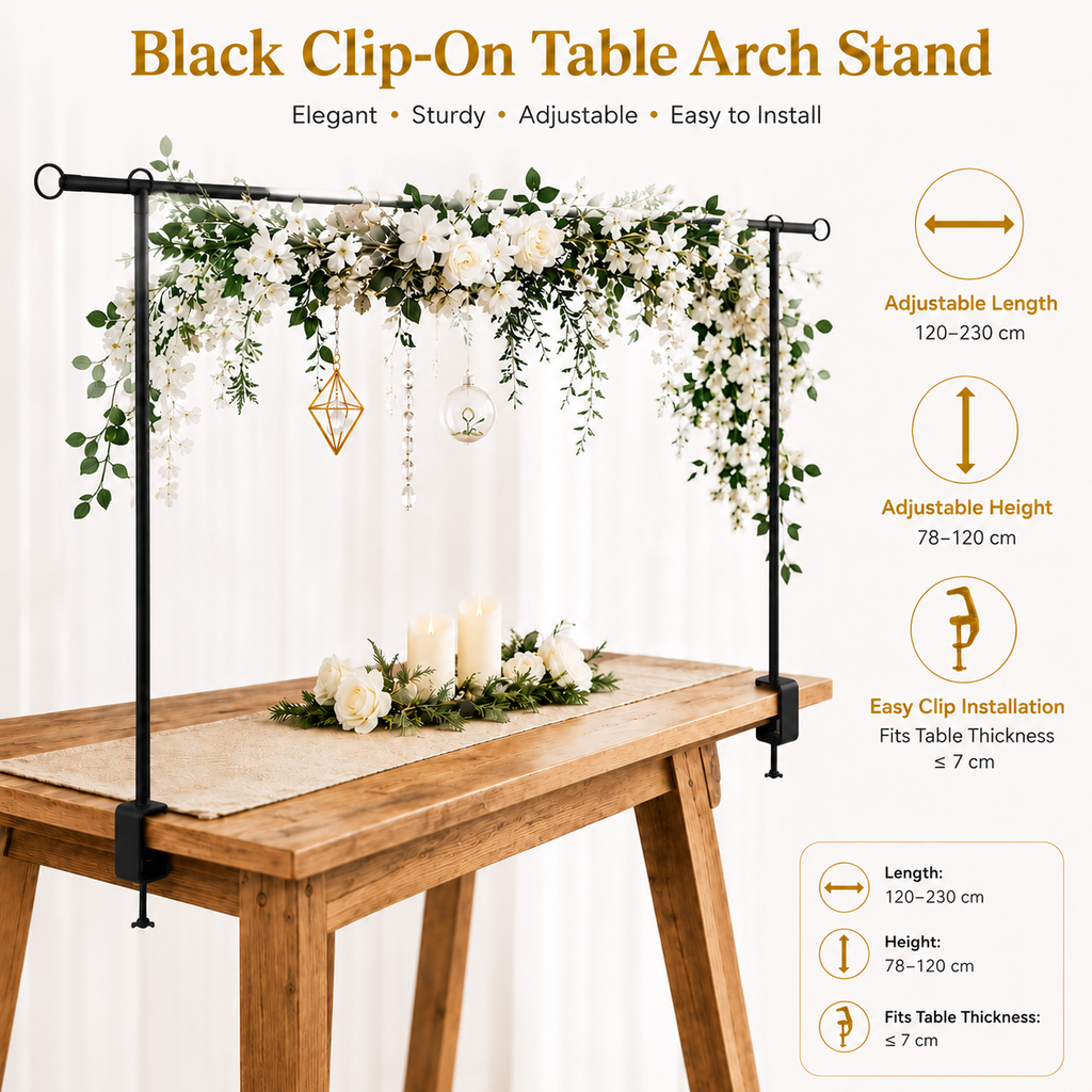 Black Iron Over Table Arch Display Stand with Fixed Clamps and Buckles for Balloons and Decorations
