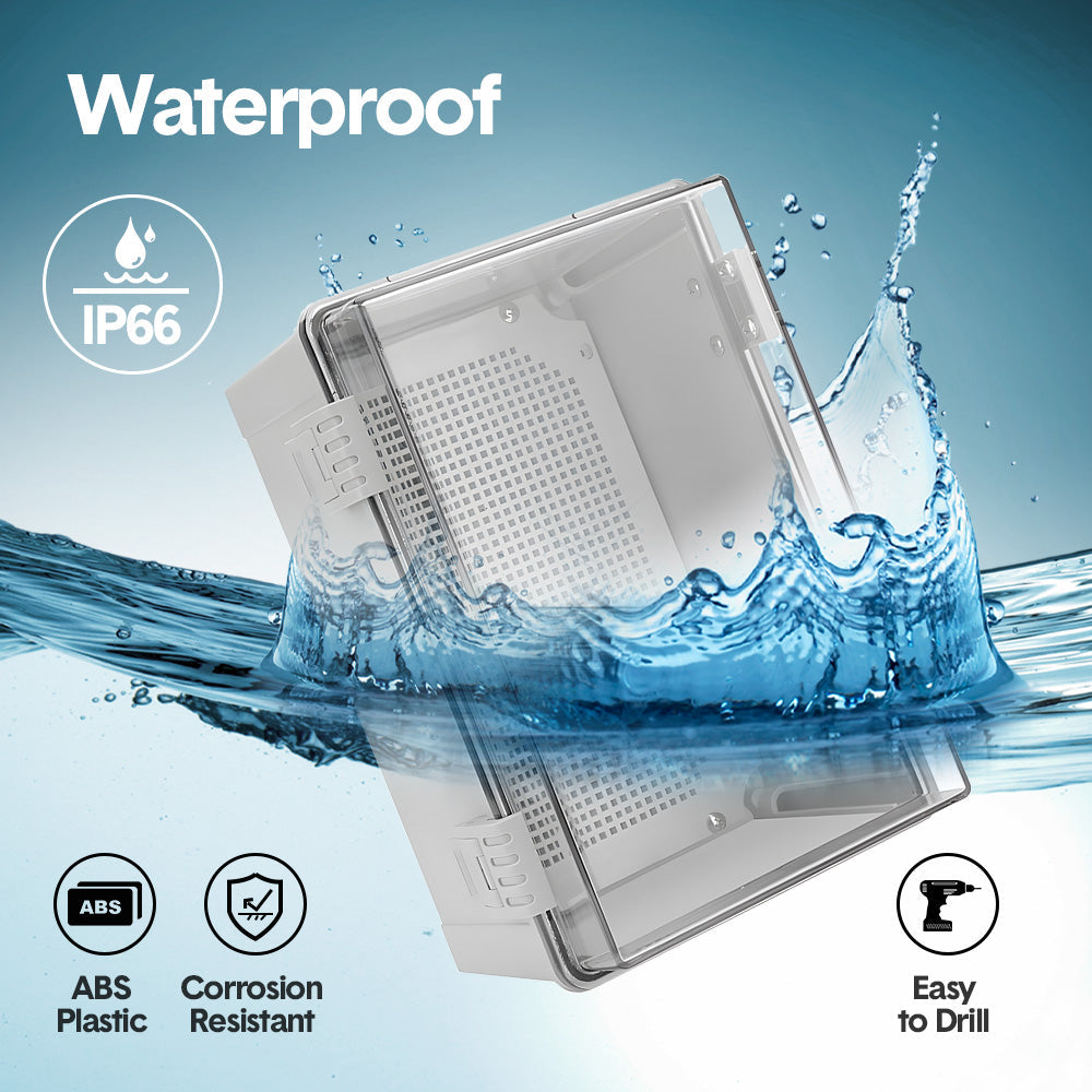 Electrical ABS Junction Box IP66 Waterproof Electrical Enclosure with Clear Hinged Cover and Mounting Plate for