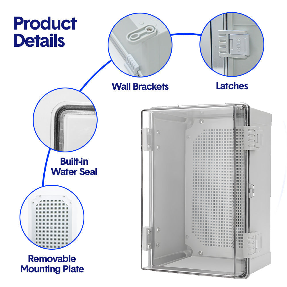 Electrical ABS Junction Box IP66 Waterproof Electrical Enclosure with Clear Hinged Cover and Mounting Plate for