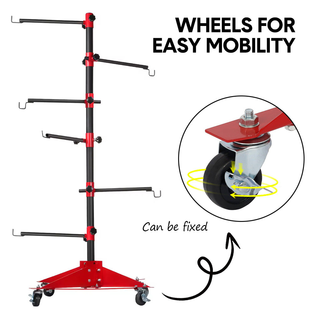 Universal Auto Paint Stand Panel Tree Paint Rotating Stand Center Post Hang Paint Spray with 4 Wheels and 6 Hooks for