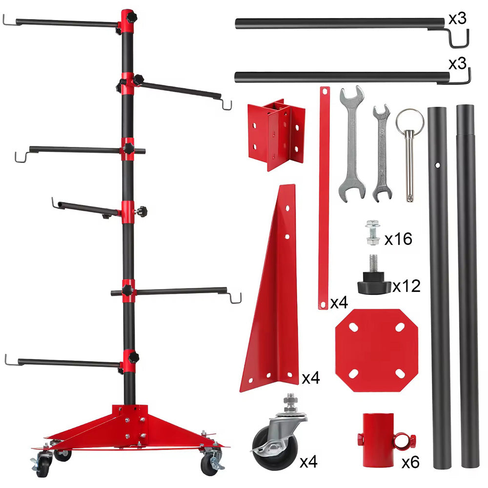 Universal Auto Paint Stand Panel Tree Paint Rotating Stand Center Post Hang Paint Spray with 4 Wheels and 6 Hooks for